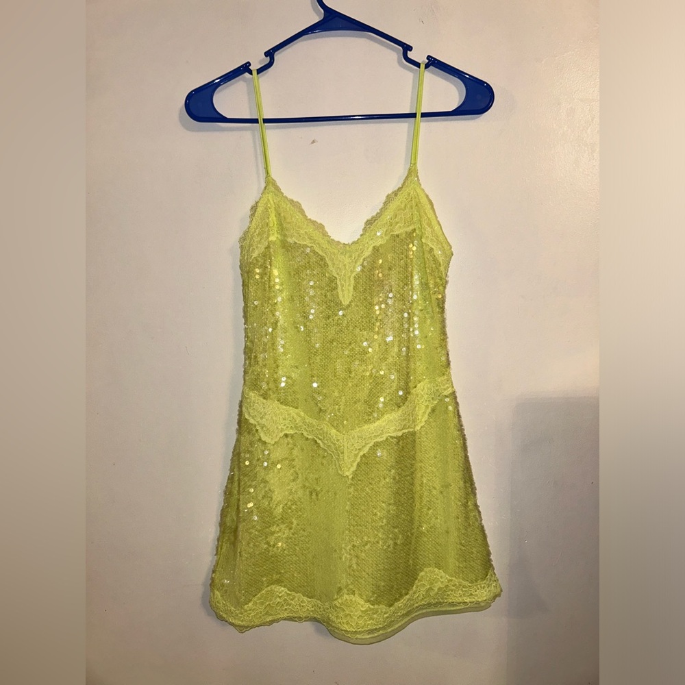 Victorias Secret  Women's Mini Dress Slip Sequin Neon Green-Yellow